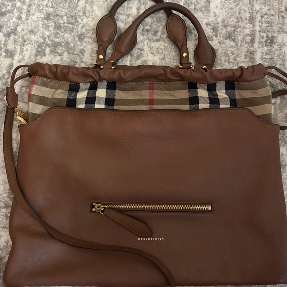 Burberry Handbags - Burberry Brown Leather Tote with Nova Check Trim